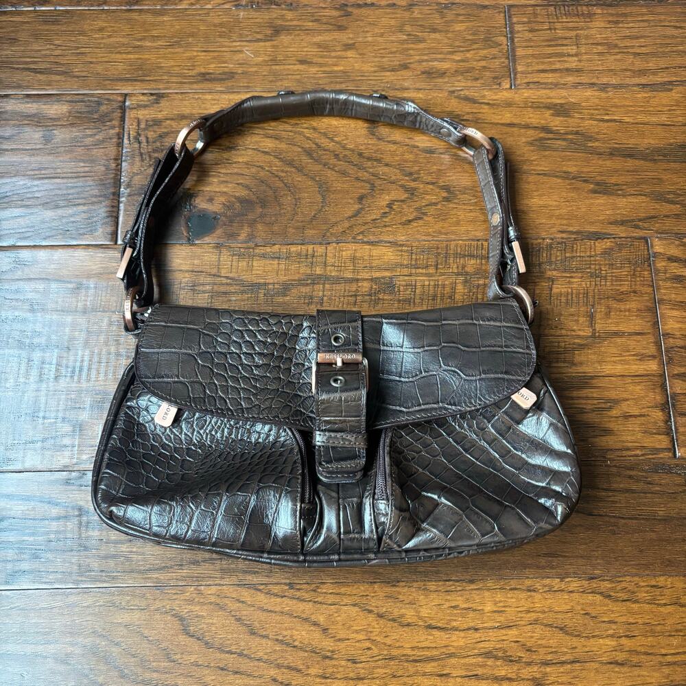 VTG Y2K Kesslord Paris Brown Crocodile Embossed Leather Shoulder Bag Handbag